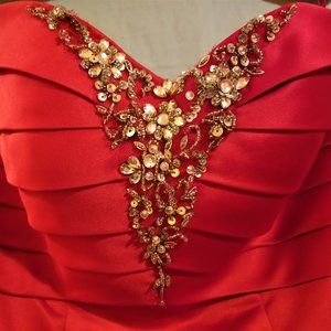 Cherry Red Strapless Beaded Prom Dress